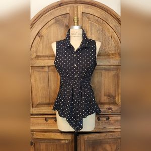 Tommy Hilfiger blouse with waist sinching tie. Great navy with white polka dot